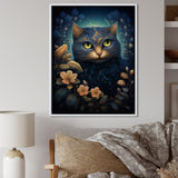 Retro Blue Cat Amidst Flowers - Cat Canvas Wall Art