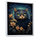 Retro Blue Cat Amidst Flowers - Cat Canvas Wall Art