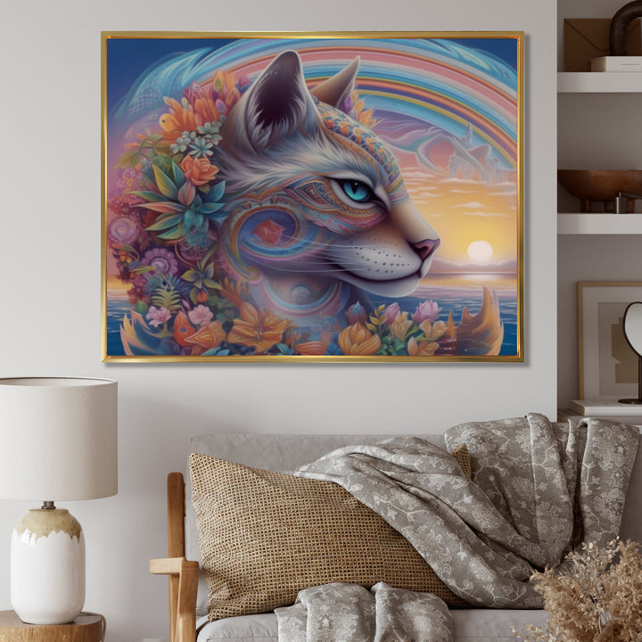 Magical Rainbow Cat With Flowers - Cat Wall Decor