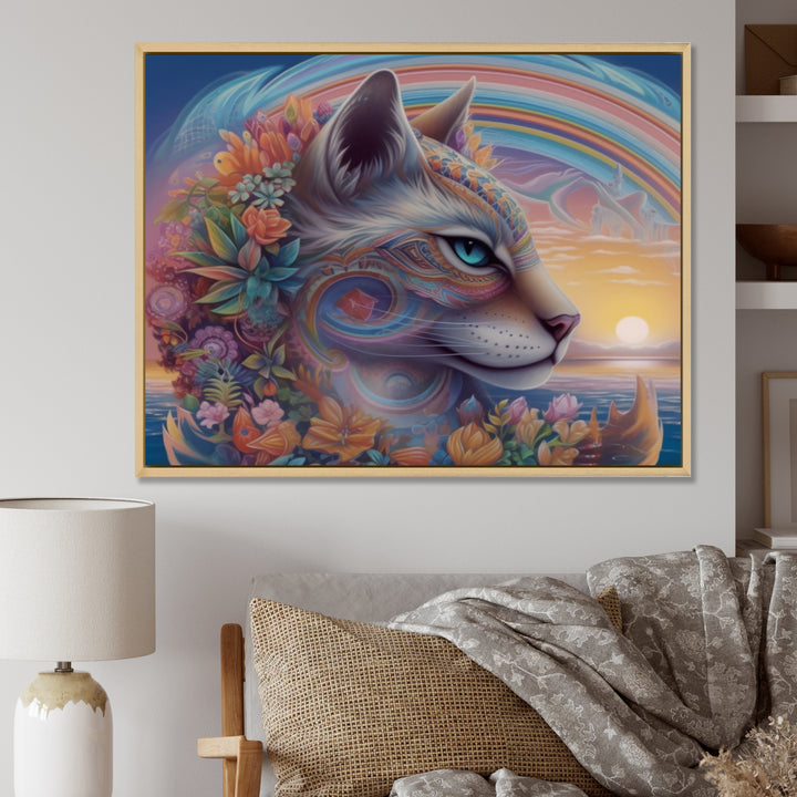 Magical Rainbow Cat With Flowers - Cat Wall Decor