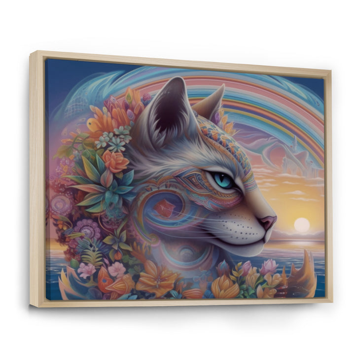 Magical Rainbow Cat With Flowers - Cat Wall Decor