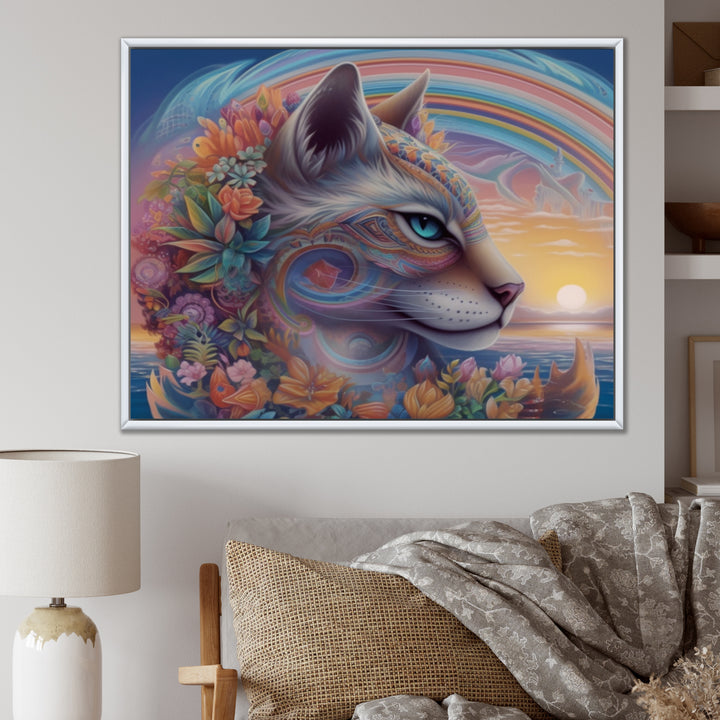 Magical Rainbow Cat With Flowers - Cat Wall Decor