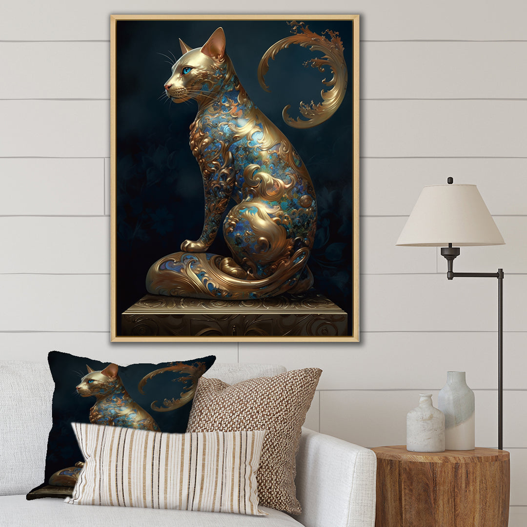 Glam Statue Of Teal And Gold Majestic Cat - Cat Wall Art Prints