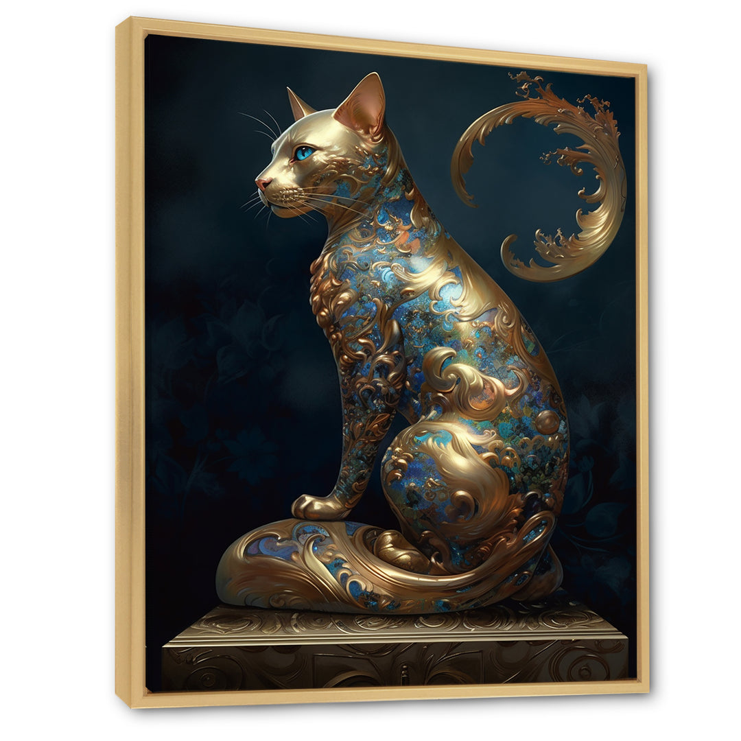 Glam Statue Of Teal And Gold Majestic Cat - Cat Wall Art Prints