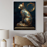 Glam Statue Of Teal And Gold Majestic Cat - Cat Wall Art Prints
