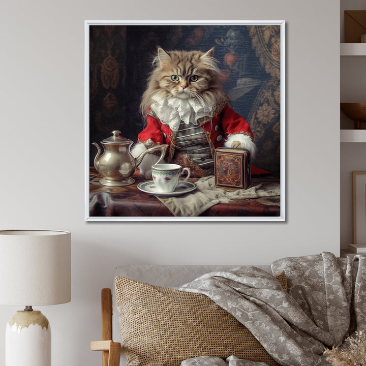 Siberian White Cat Wearing Elegant Costume - Cat Wall Art Prints