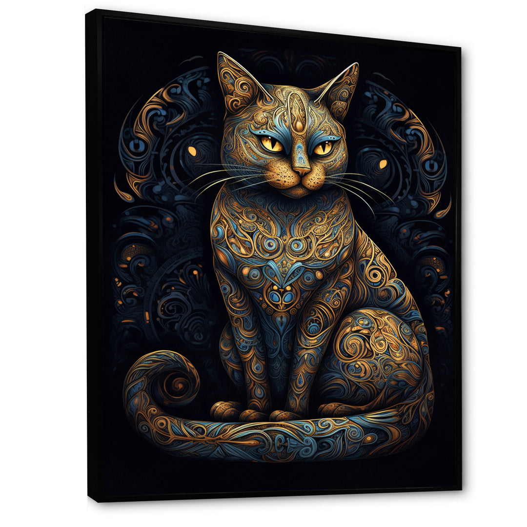 Blue Glamorous Retro Gold Cat - Blue Cat Wall Art