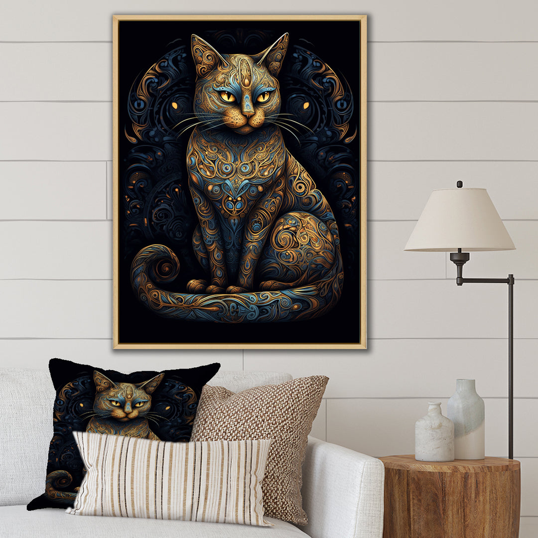 Blue Glamorous Retro Gold Cat - Blue Cat Wall Art