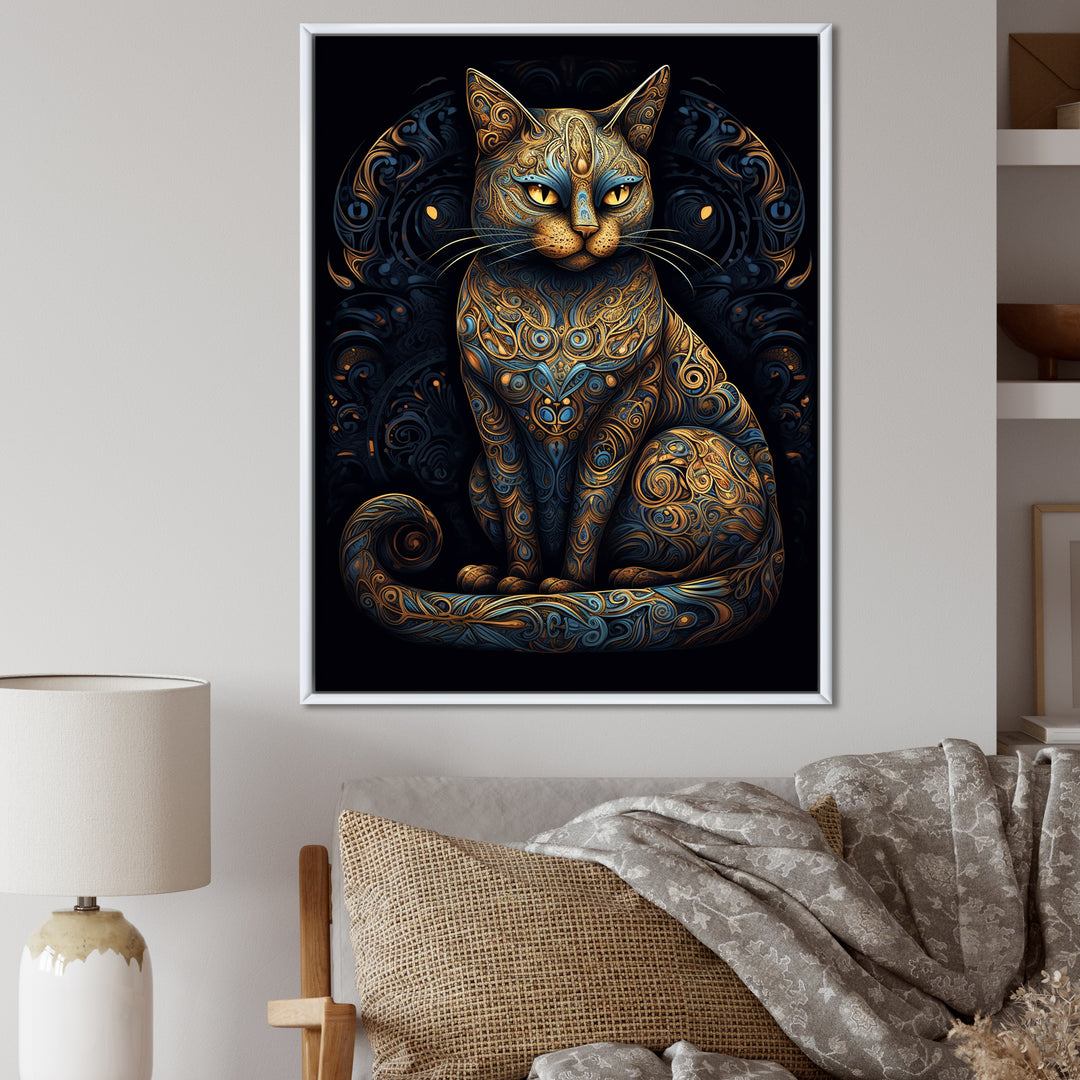 Blue Glamorous Retro Gold Cat - Blue Cat Wall Art