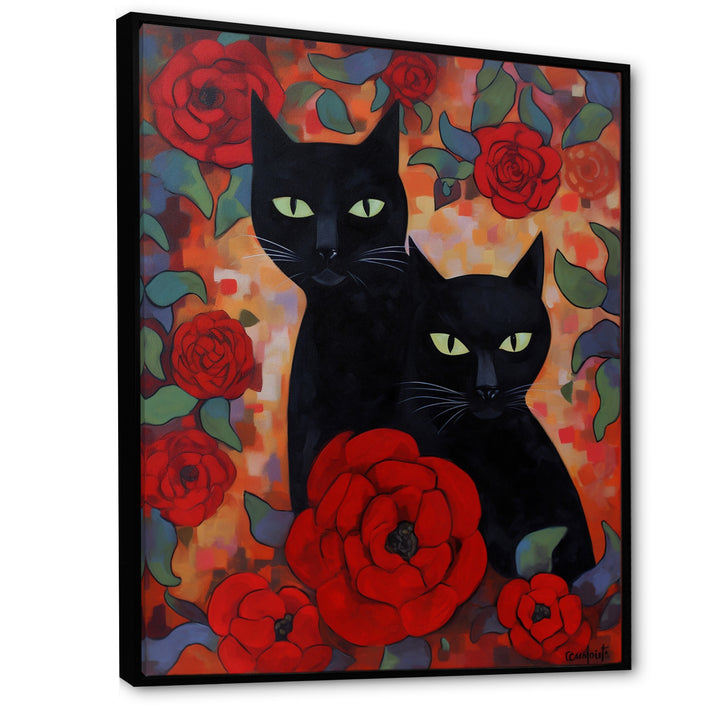 Two Black Cats With Red Roses Painting - Cat Canvas Wall Art