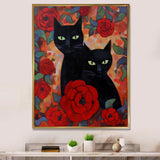 Two Black Cats With Red Roses Painting - Cat Canvas Wall Art