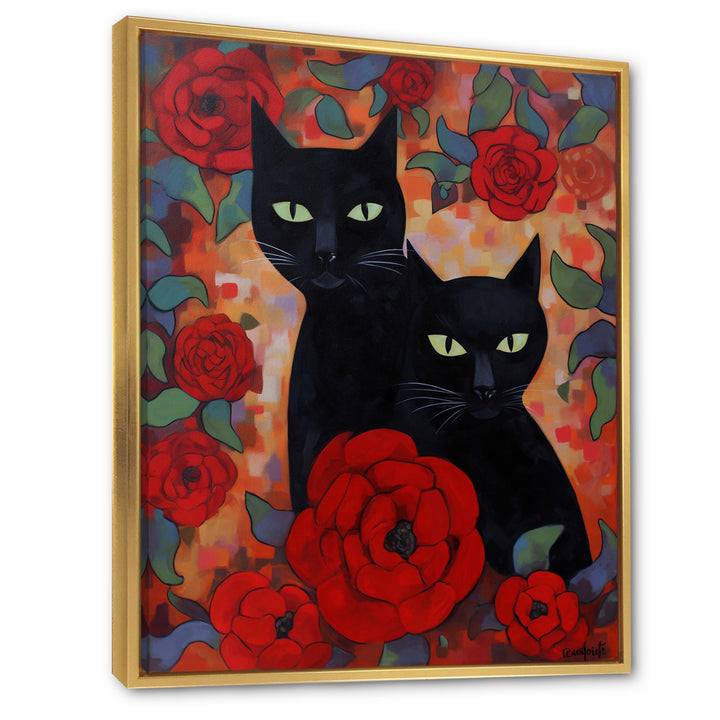 Two Black Cats With Red Roses Painting - Cat Canvas Wall Art