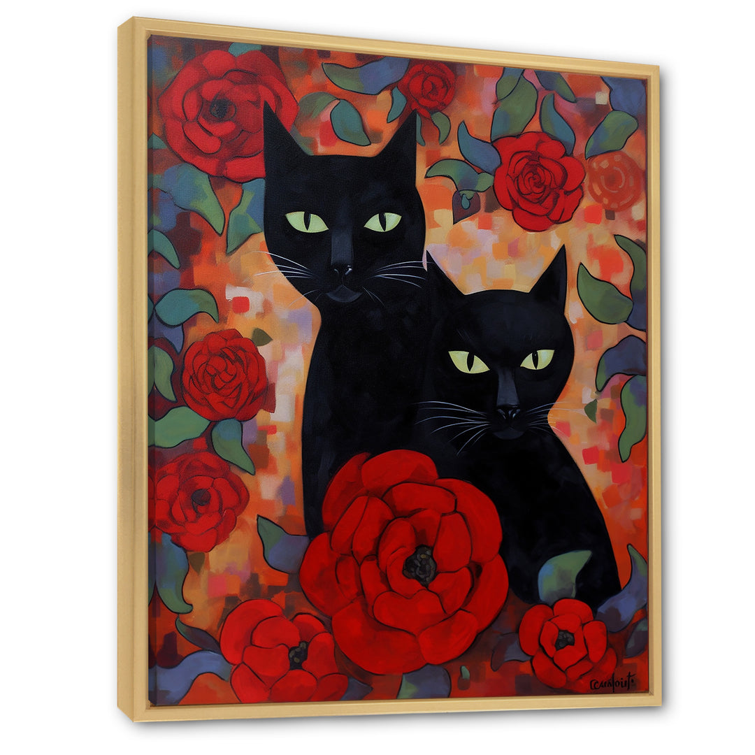 Two Black Cats With Red Roses Painting - Cat Canvas Wall Art