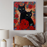 Two Black Cats With Red Roses Painting - Cat Canvas Wall Art