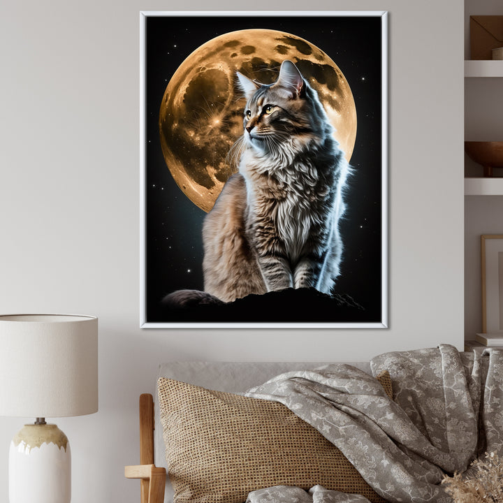 Majestic Cat Under The Full Moon - Cat Home Decor Art