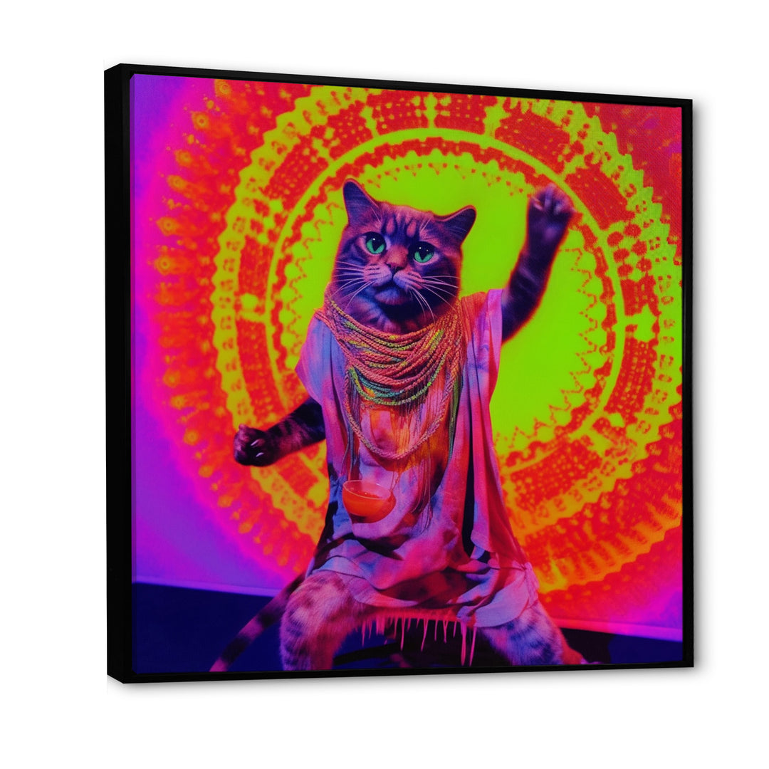 Rave Cat In Pink Neon - Cat Living Room Wall Art
