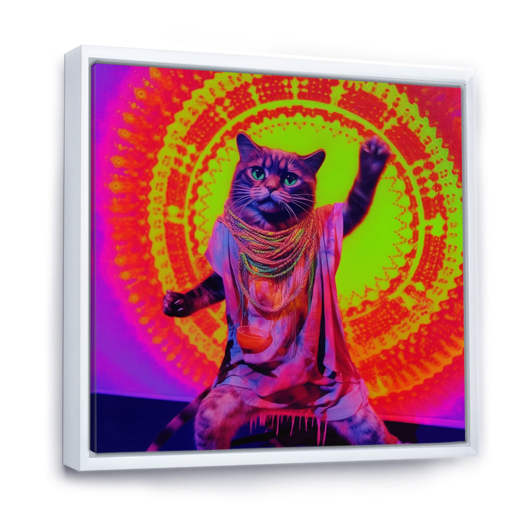 Rave Cat In Pink Neon - Cat Living Room Wall Art