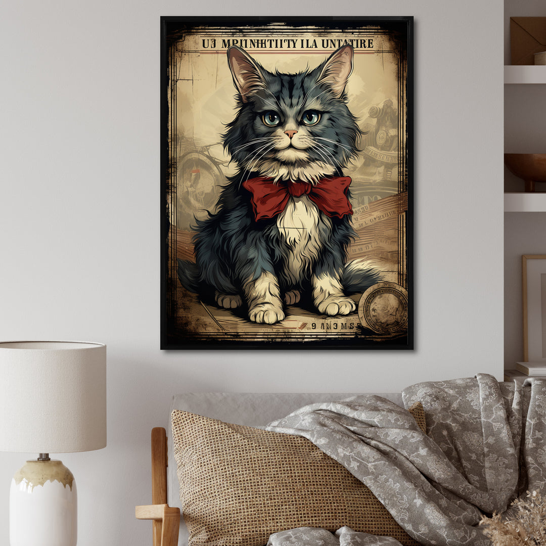 Cat With Red Bow Vintage Illustration - Cat Canvas Wall Art