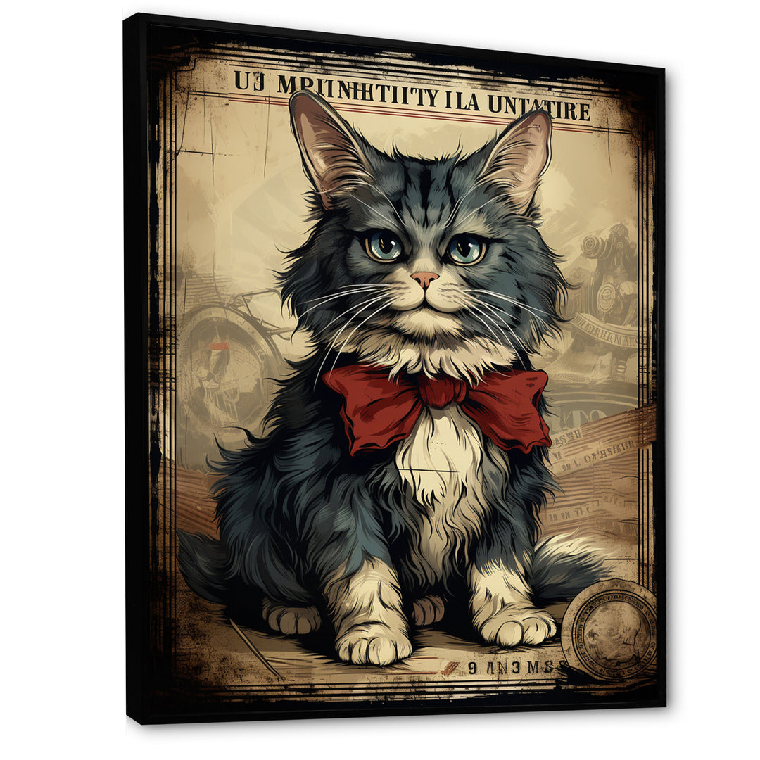Cat With Red Bow Vintage Illustration - Cat Canvas Wall Art