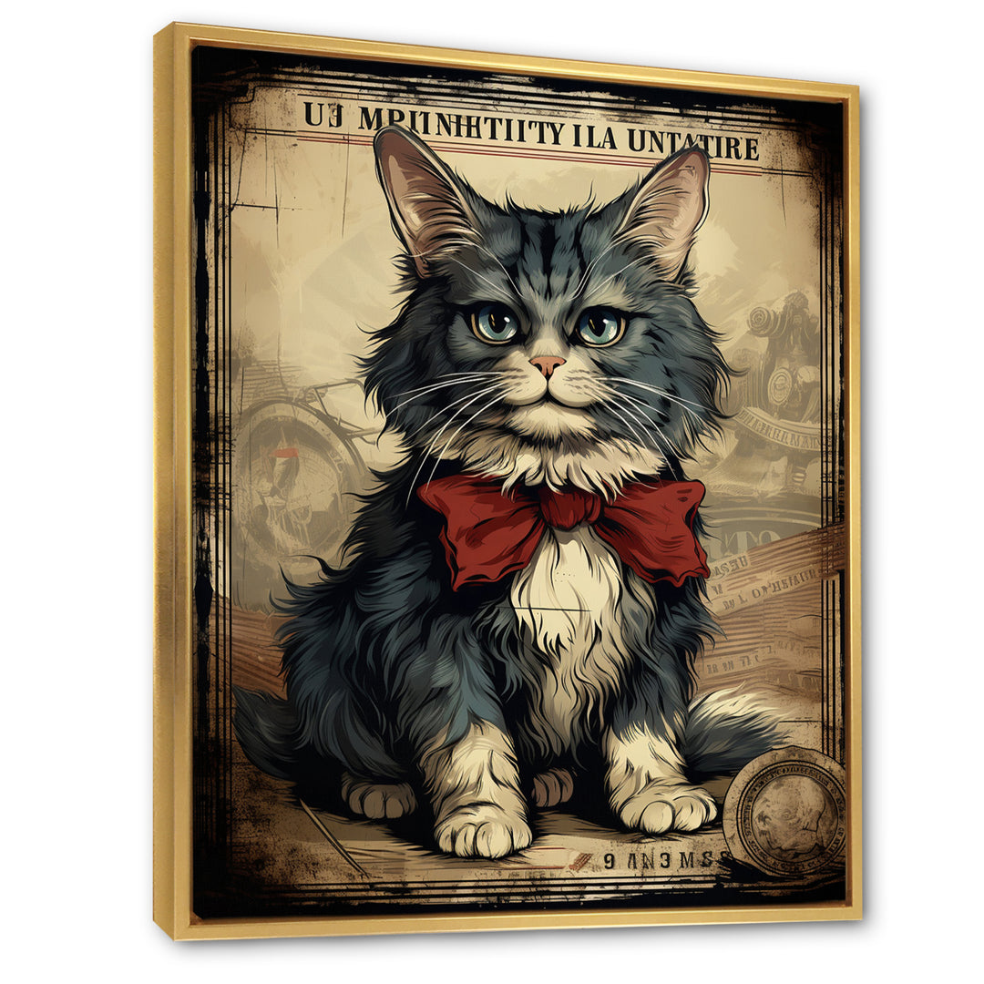 Cat With Red Bow Vintage Illustration - Cat Canvas Wall Art