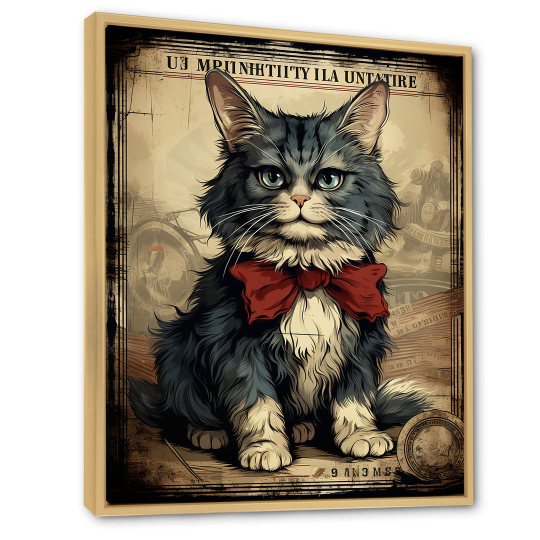 Cat With Red Bow Vintage Illustration - Cat Canvas Wall Art