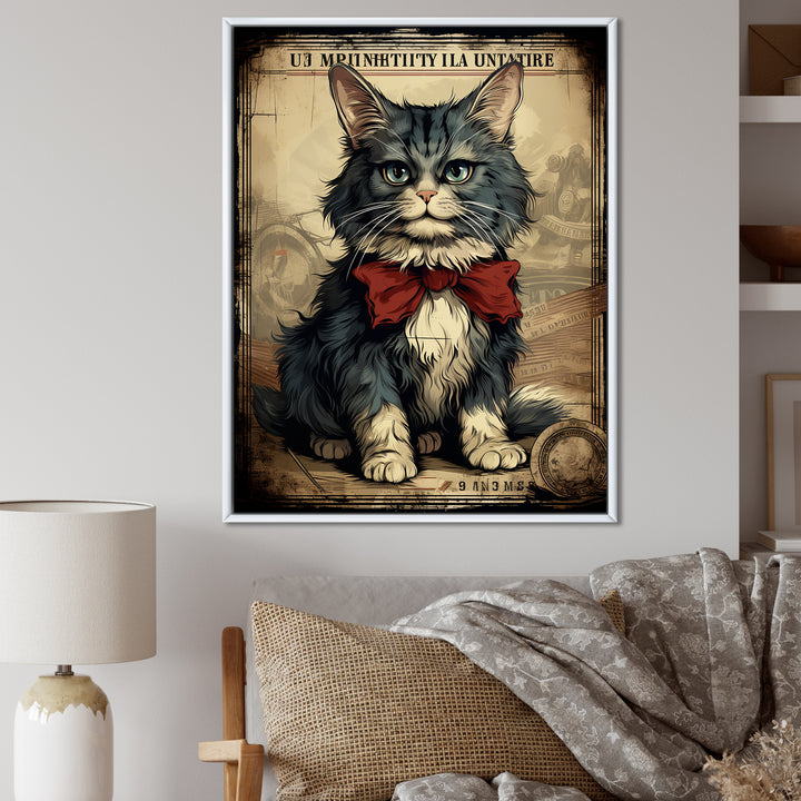 Cat With Red Bow Vintage Illustration - Cat Canvas Wall Art