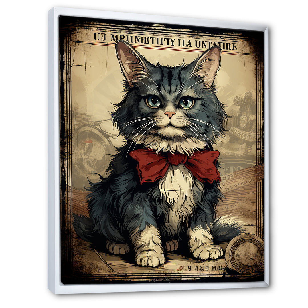 Cat With Red Bow Vintage Illustration - Cat Canvas Wall Art