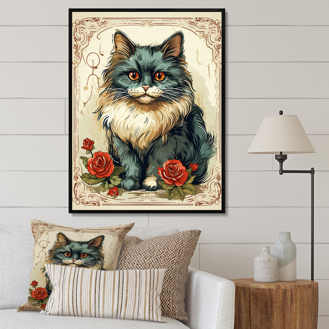Blue Cat With Red Roses Vintage Illustration - Cat Canvas Wall Art
