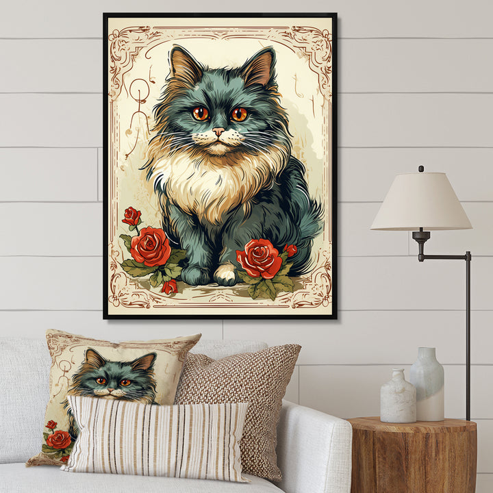 Blue Cat With Red Roses Vintage Illustration - Cat Canvas Wall Art