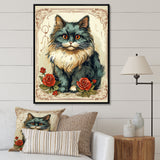 Blue Cat With Red Roses Vintage Illustration - Cat Canvas Wall Art