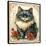 Blue Cat With Red Roses Vintage Illustration - Cat Canvas Wall Art