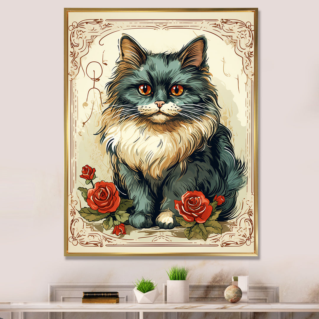 Blue Cat With Red Roses Vintage Illustration - Cat Canvas Wall Art