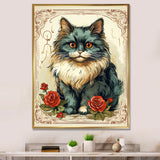 Blue Cat With Red Roses Vintage Illustration - Cat Canvas Wall Art