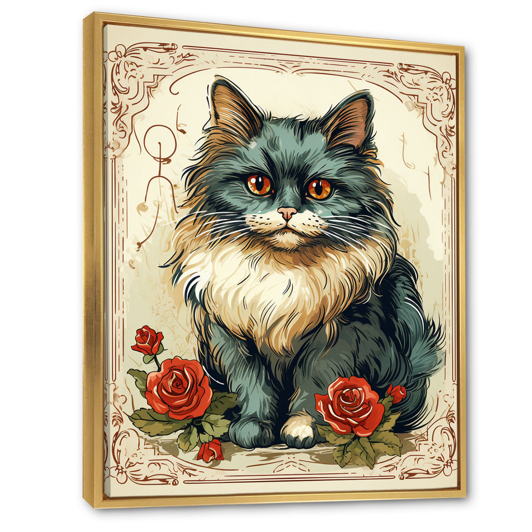 Blue Cat With Red Roses Vintage Illustration - Cat Canvas Wall Art