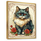 Blue Cat With Red Roses Vintage Illustration - Cat Canvas Wall Art
