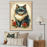 Blue Cat With Red Roses Vintage Illustration - Cat Canvas Wall Art