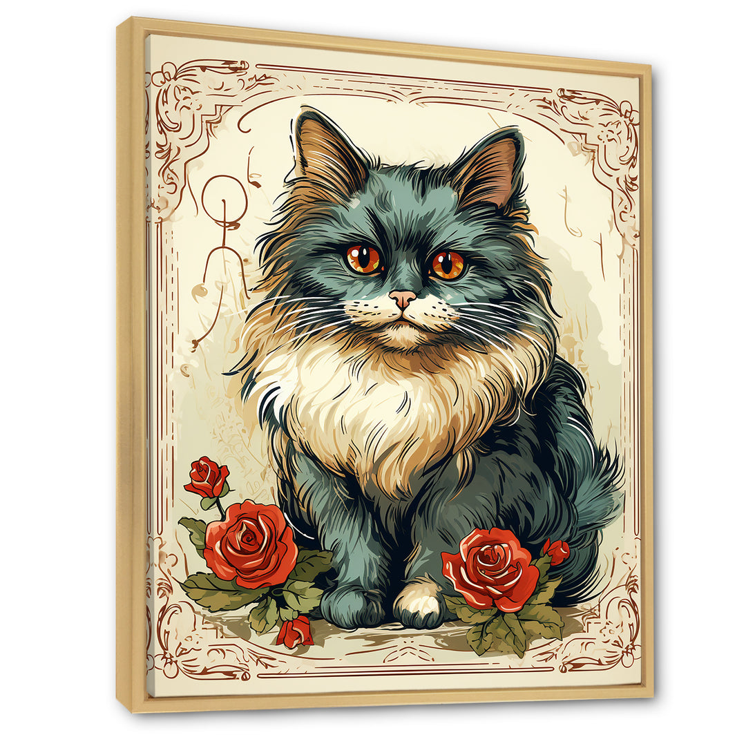 Blue Cat With Red Roses Vintage Illustration - Cat Canvas Wall Art