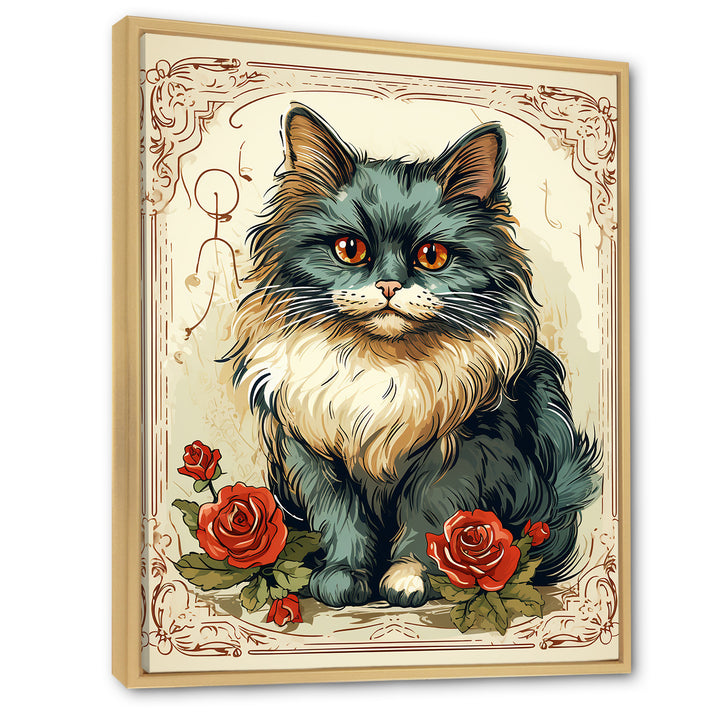 Blue Cat With Red Roses Vintage Illustration - Cat Canvas Wall Art