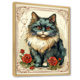 Blue Cat With Red Roses Vintage Illustration - Cat Canvas Wall Art