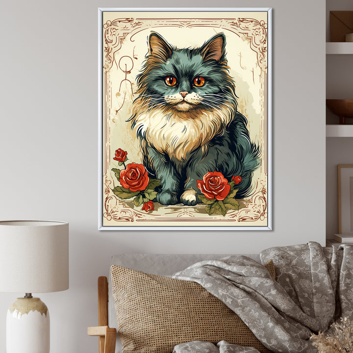 Blue Cat With Red Roses Vintage Illustration - Cat Canvas Wall Art