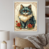Blue Cat With Red Roses Vintage Illustration - Cat Canvas Wall Art