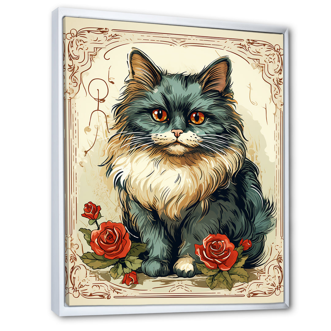 Blue Cat With Red Roses Vintage Illustration - Cat Canvas Wall Art