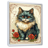 Blue Cat With Red Roses Vintage Illustration - Cat Canvas Wall Art