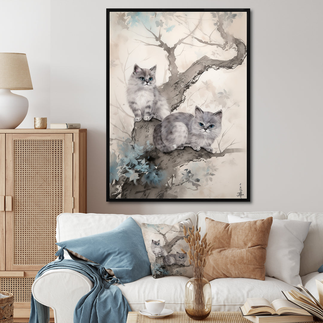 Two Gray Cats In A Tree Vintage Painting - White Cat Wall Art
