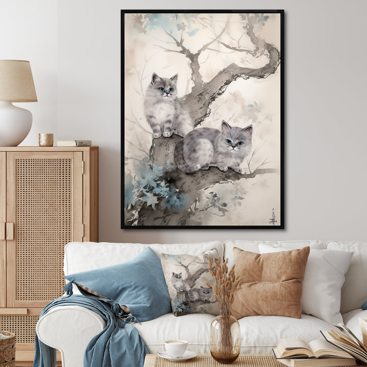 Two Gray Cats In A Tree Vintage Painting - White Cat Wall Art