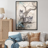 Two Gray Cats In A Tree Vintage Painting - White Cat Wall Art