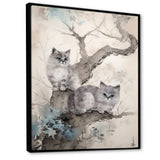 Two Gray Cats In A Tree Vintage Painting - White Cat Wall Art