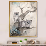 Two Gray Cats In A Tree Vintage Painting - White Cat Wall Art