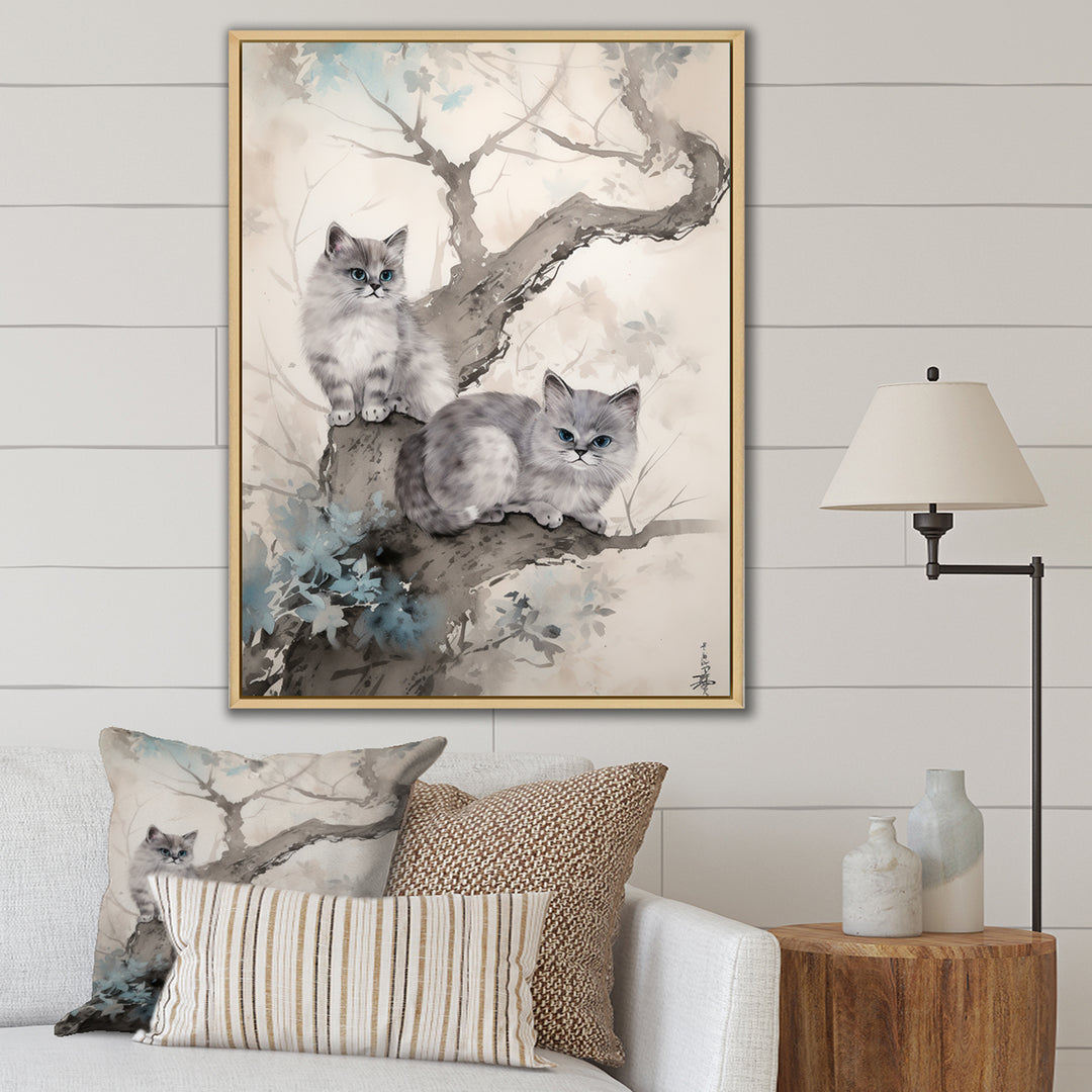 Two Gray Cats In A Tree Vintage Painting - White Cat Wall Art