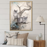 Two Gray Cats In A Tree Vintage Painting - White Cat Wall Art